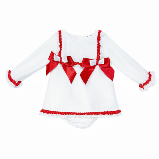 Baby Girls White Red-Bow Lace Dress and Pants