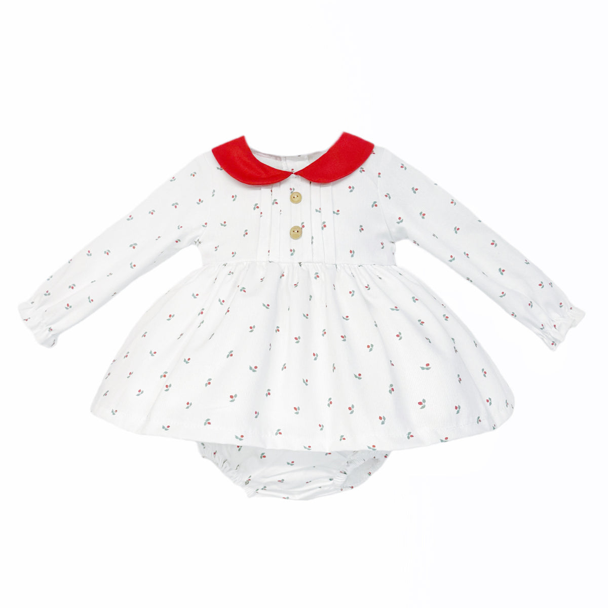 Baby Girls White Sprig-Print Red-Collar Dress and Pants