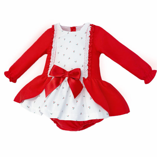 Baby Girls Red Sprig-Panel Bow Dress and Pants