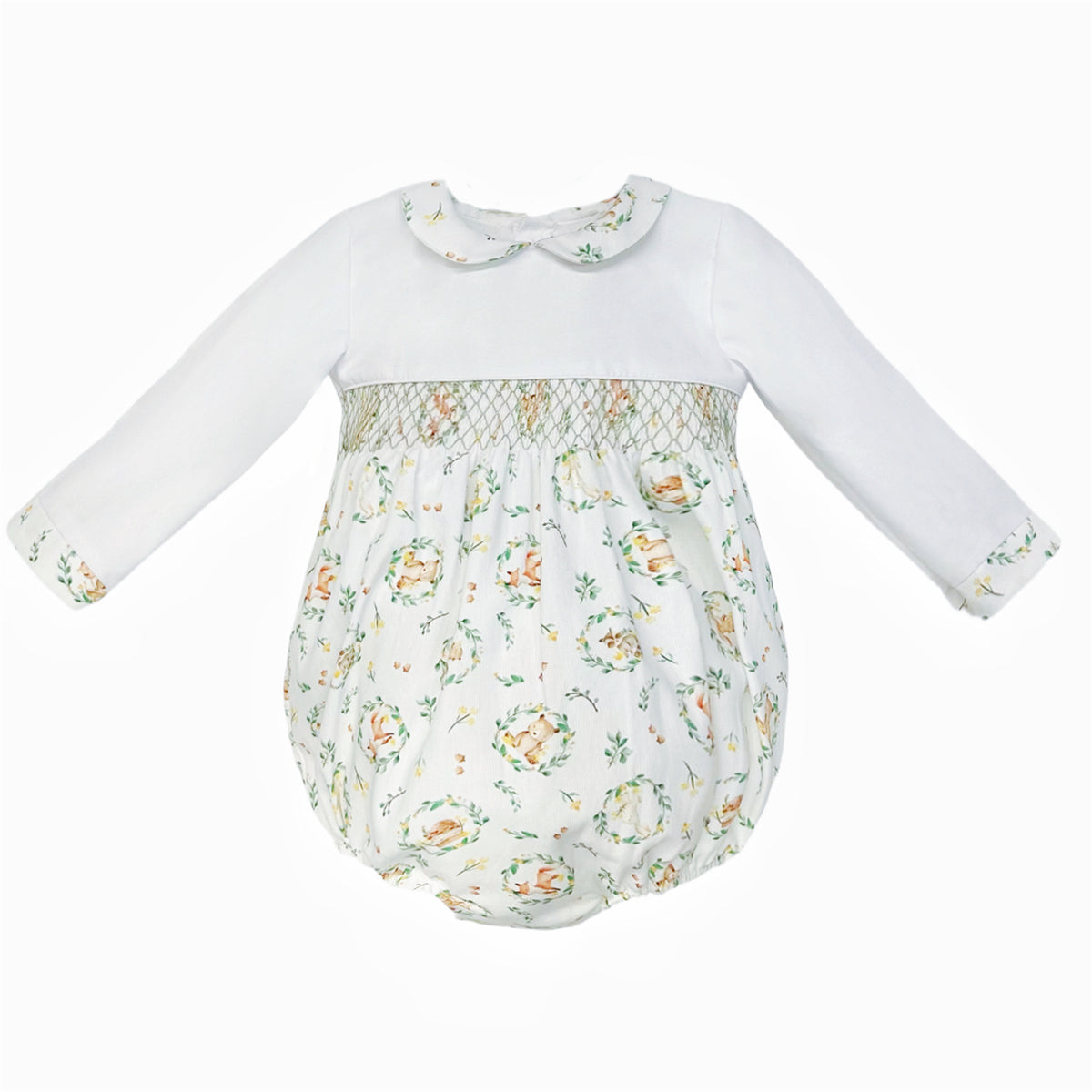 Baby Boys Beige Animal Print Smocked Romper