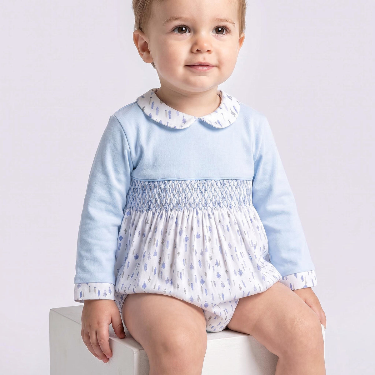 Baby Boy Blue Little Trees Smocked Romper