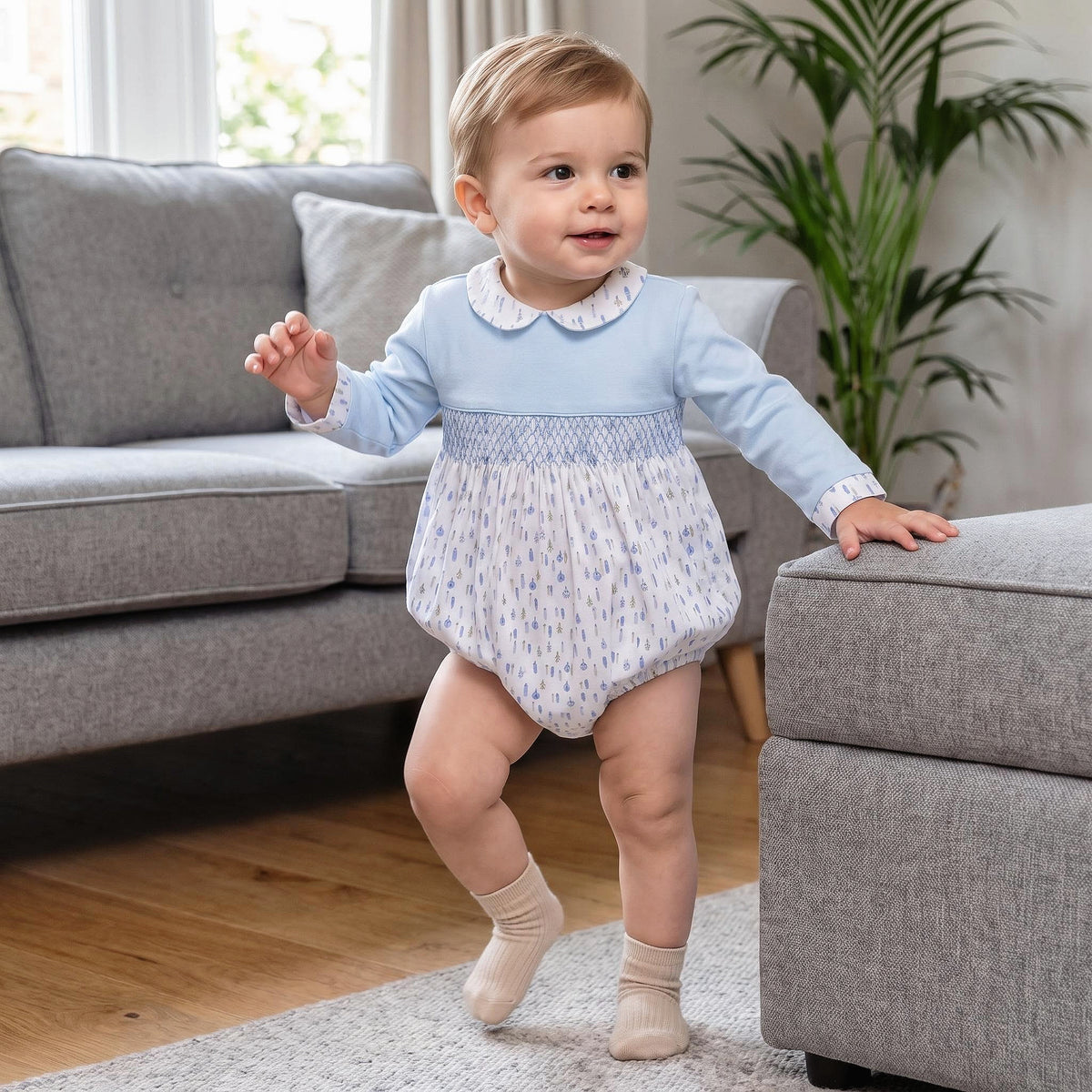 Baby Boy Blue Little Trees Smocked Romper