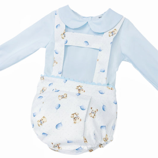 Baby Blue Teddy Print Shirt and Brace Shorts Set