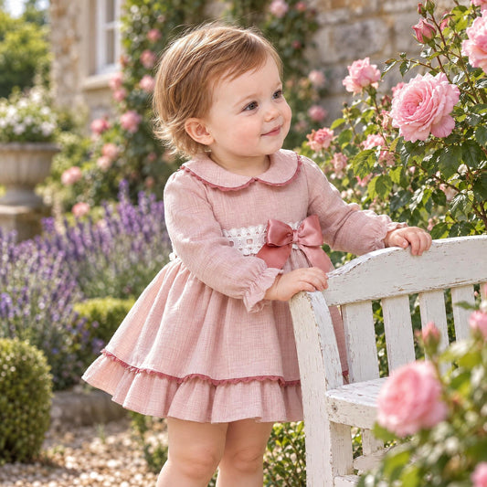 Baby Girls Pink Broderie Bow Dress and Pants Set