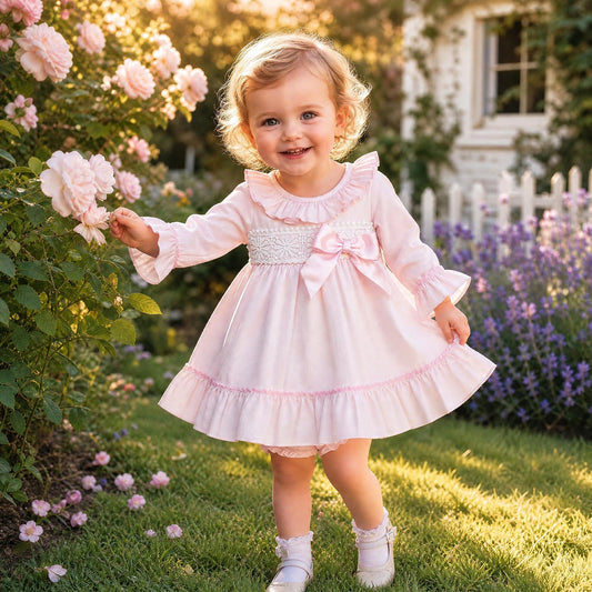 Baby Girls Pale Pink Broderie Waist Dress and Pants Set