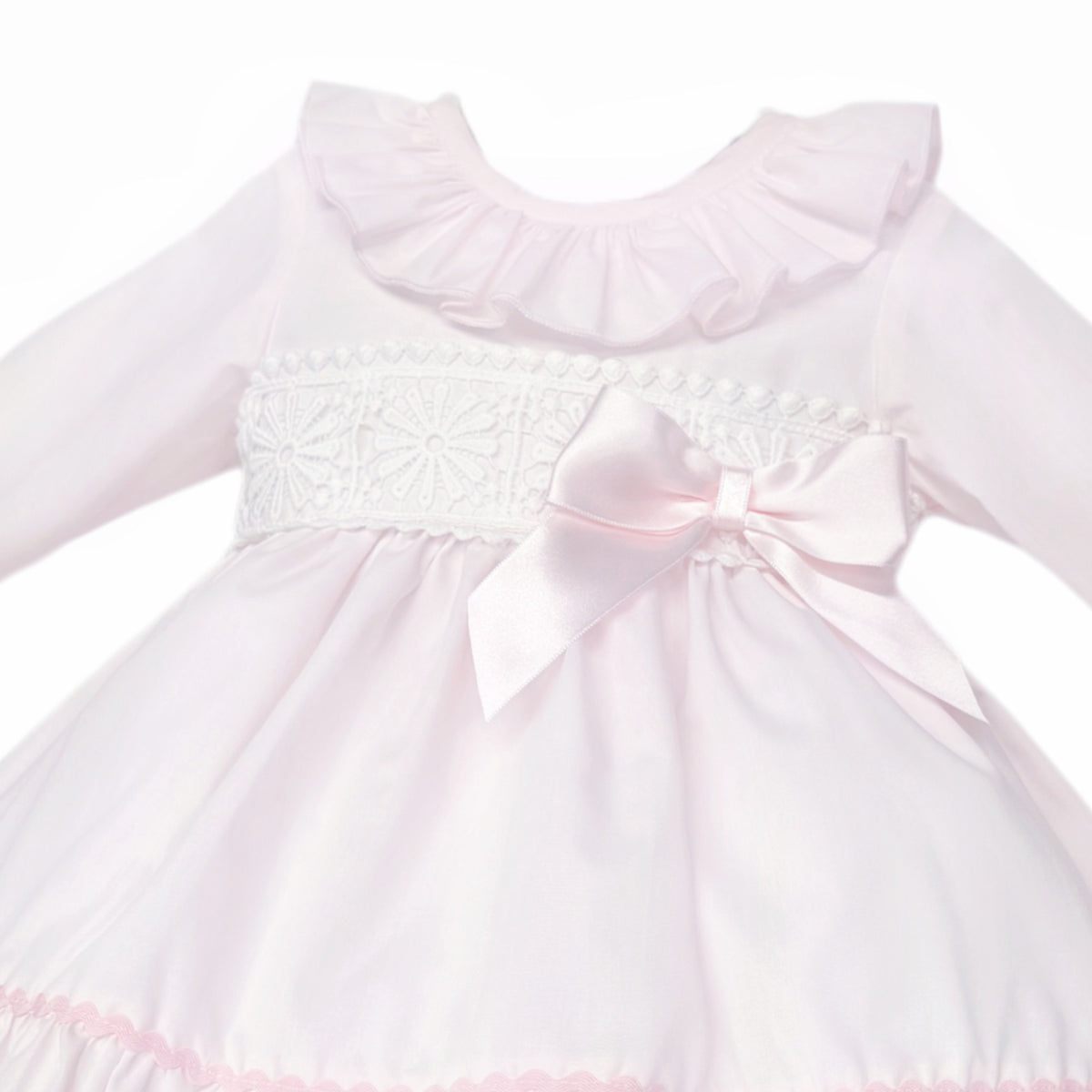 Baby Girls Pale Pink Broderie Waist Dress and Pants Set, product detail view