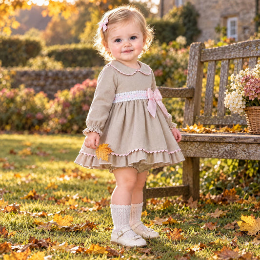 Baby Girls Grey Textured Pink Bow Dress and Pants Set