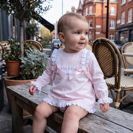 Baby Girls Pale Pink Lace Trim Dress and Pants