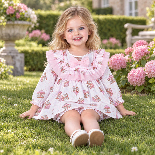 Baby Girls Pink Carousel Print Dress and Pants Set