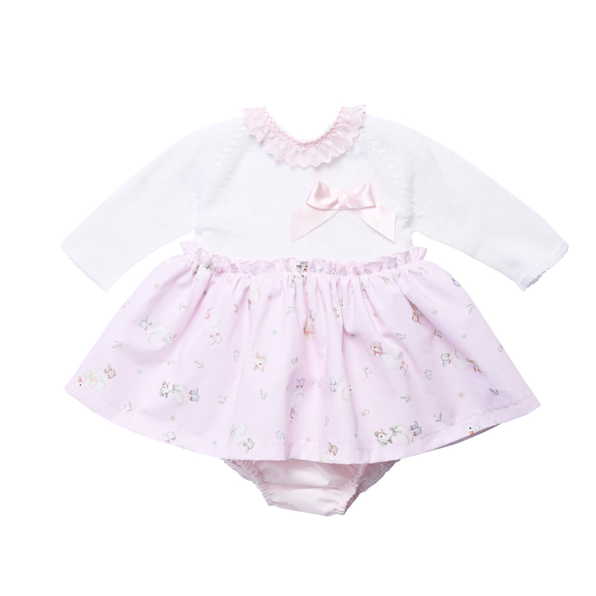 White and Pink Duck Print Baby Dress and Pants Set