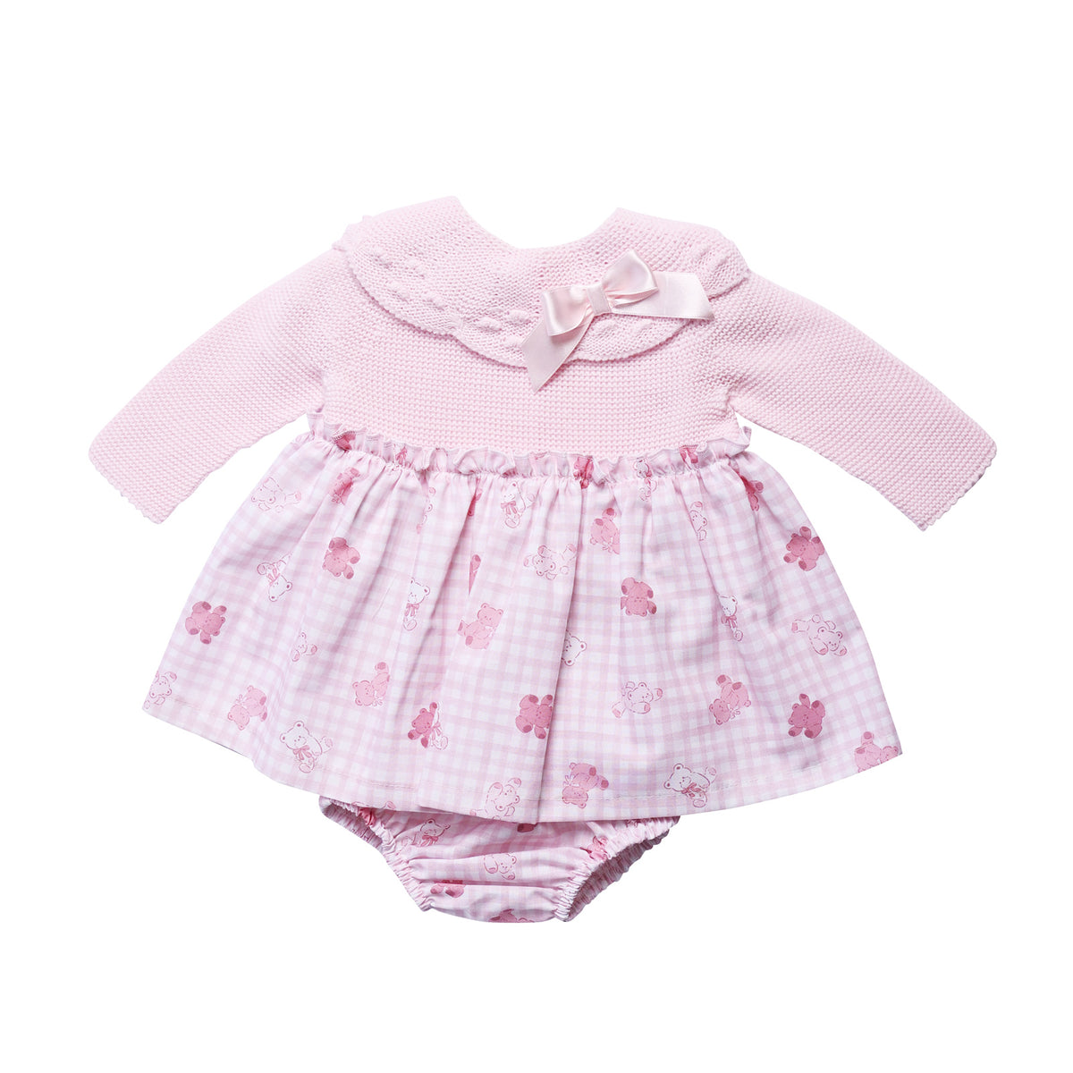 Pink Gingham Teddy Print Baby Dress and Pants Set