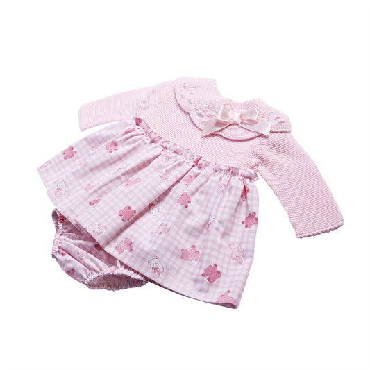 Pink Gingham Teddy Print Baby Dress and Pants Set