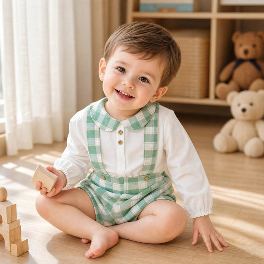 Baby Boys White Shirt and Green Check Brace Shorts Set