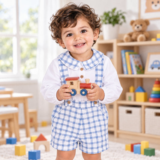 Baby Boys Blue Gingham Shirt and Brace Shorts Set