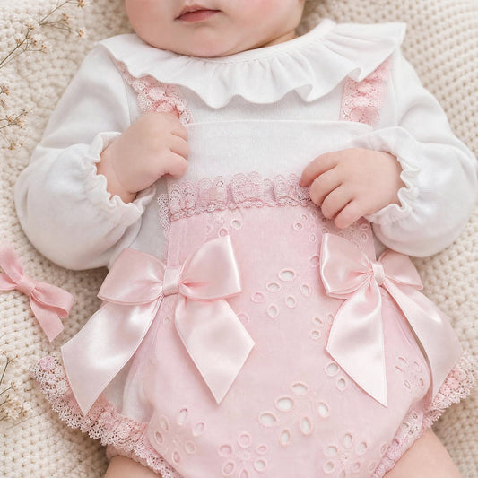 Baby Girls Pink Broderie Romper and White Shirt Set