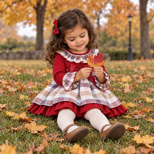 Baby Girls Burgundy Check Bow Dress and Pants Set