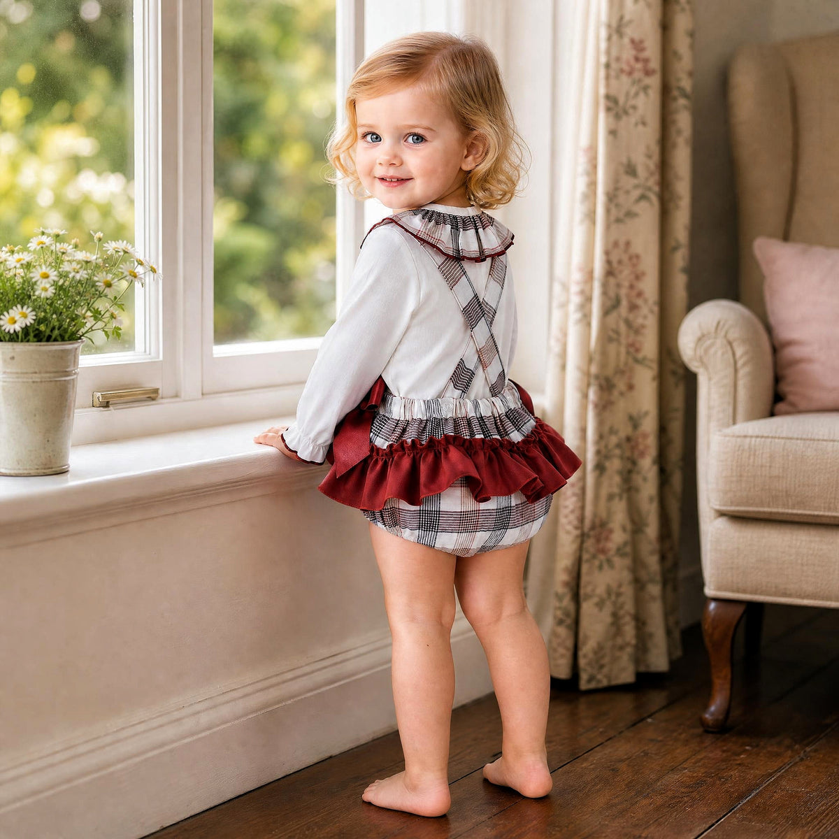 Baby Girls Red Tartan Bow Romper & Blouse Set