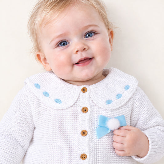 White and Blue Bow Knitted Baby Romper