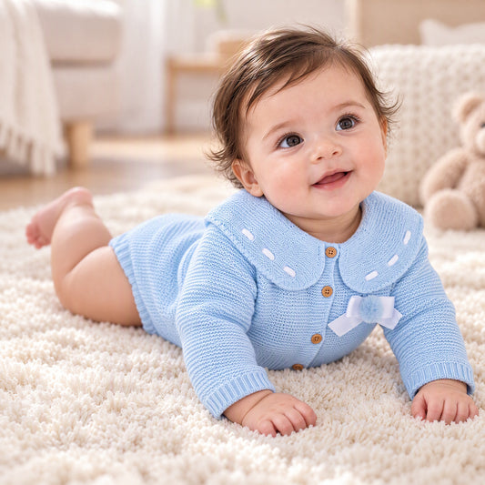 Blue Knitted Baby Romper with White Bow