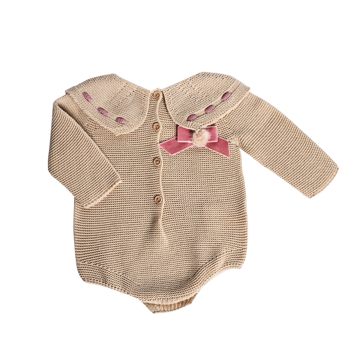 Camel Ribbon Collar Baby Romper with Pink Bow