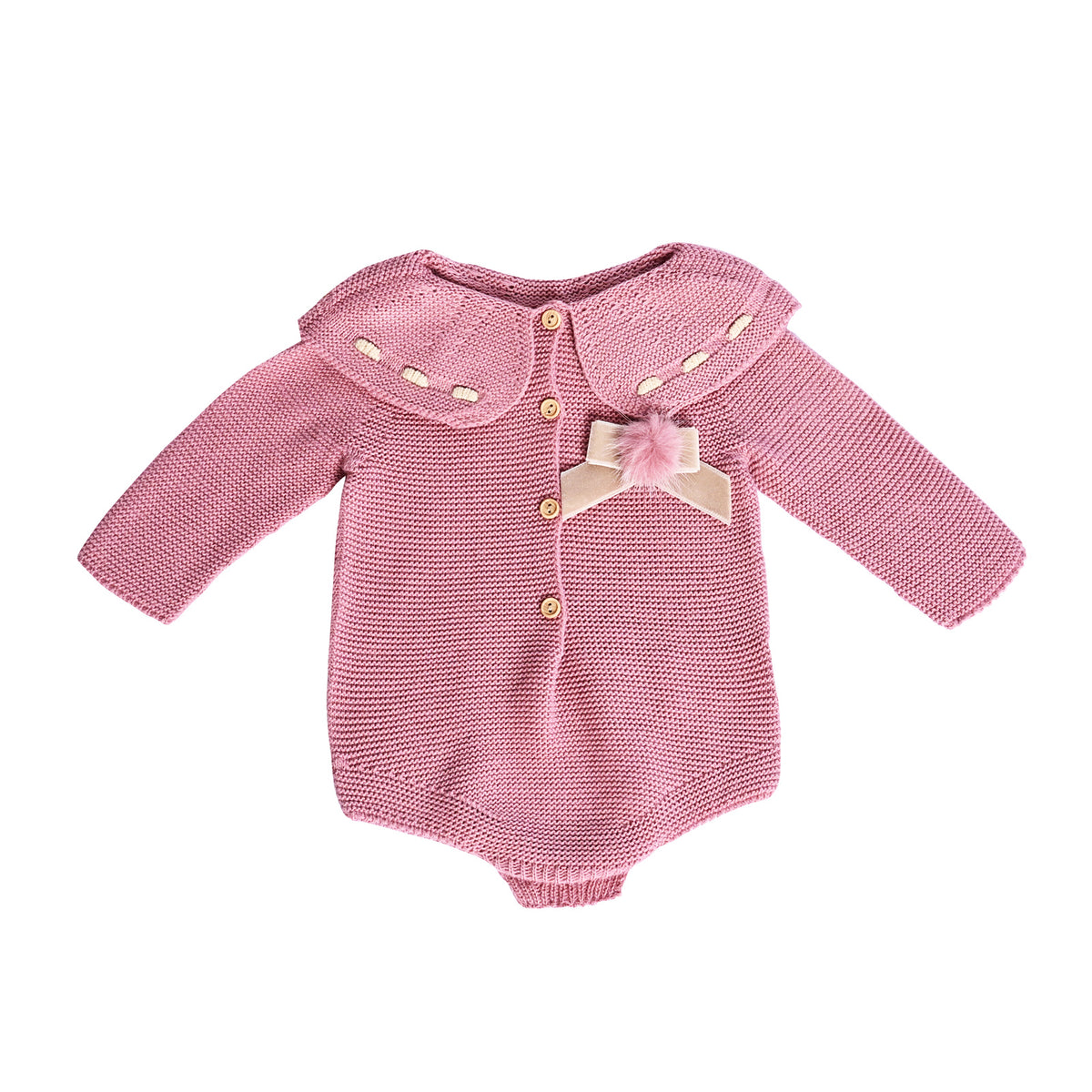 Dusty Pink Ribbon Collar Knitted Baby Romper