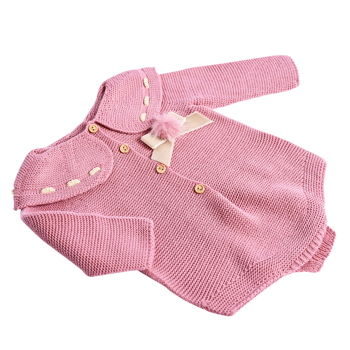 Dusty Pink Ribbon Collar Knitted Baby Romper