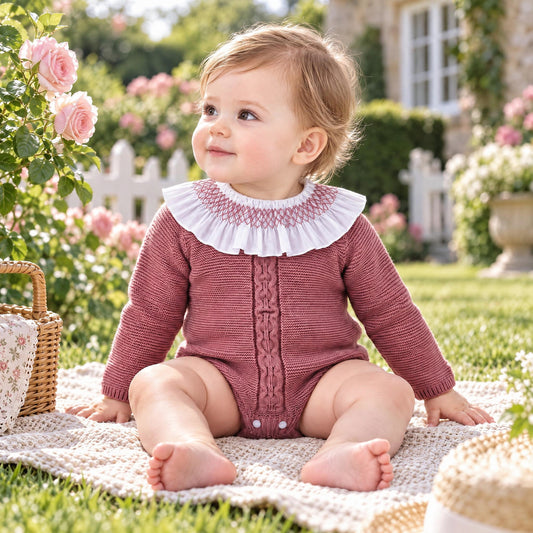 Baby Girls Dusky Rose Knit Romper with Smocked Collar