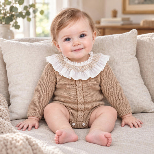 Baby Girls Camel Knit Romper with Smocked Frill Collar