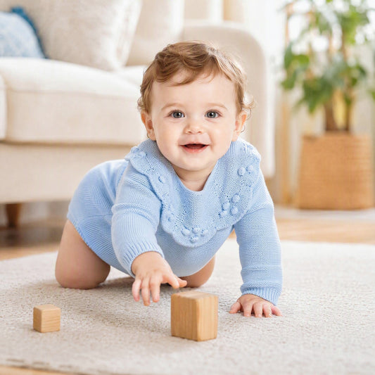 Baby Girls Pale Blue Knit Romper with Scalloped Collar