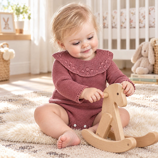 Baby Girls Plum Knit Romper with Scalloped Collar