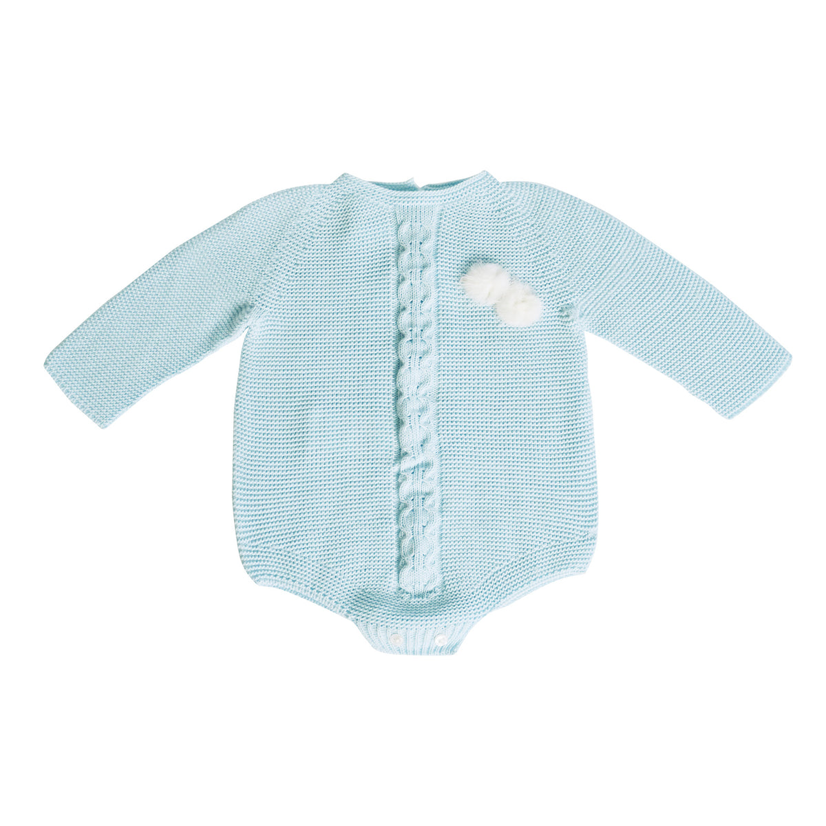 Pale Blue Cable Knit Baby Romper with Pom-Poms