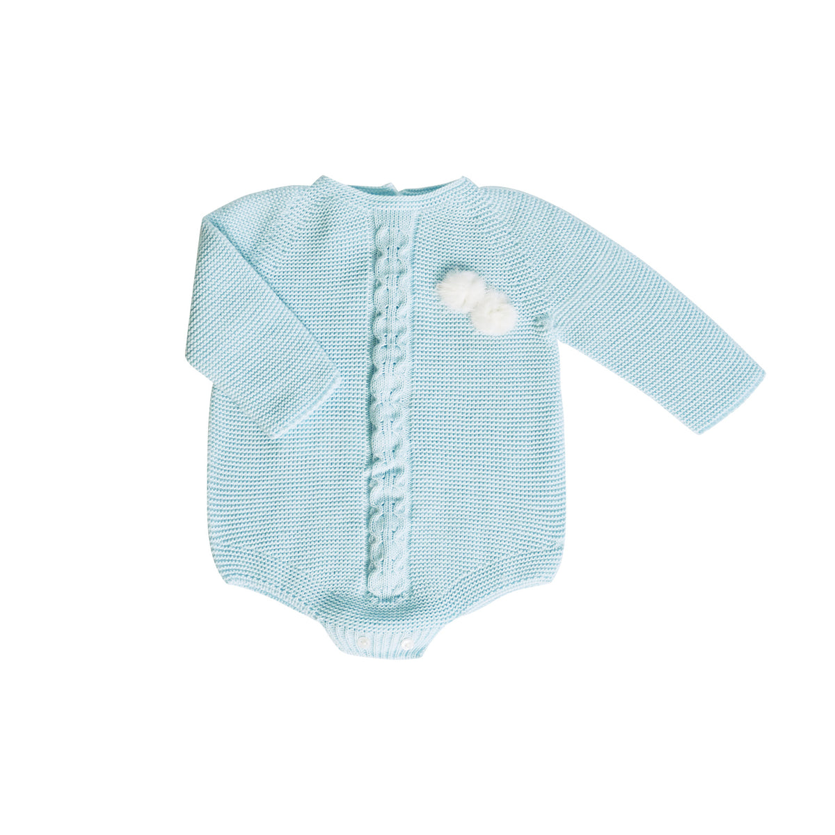 Pale Blue Cable Knit Baby Romper with Pom-Poms