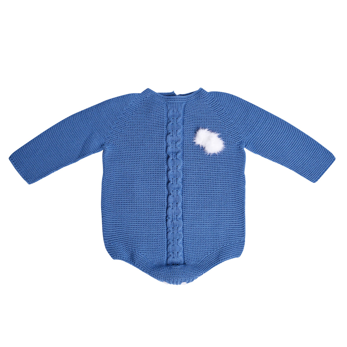 Blue Cable Knit Baby Romper with White Pom-Poms