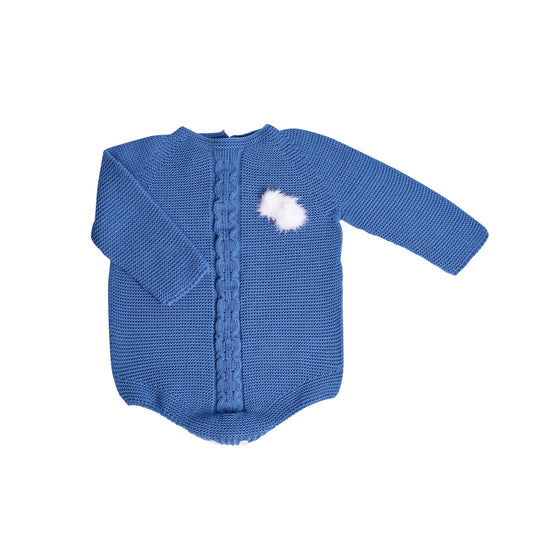 Blue Cable Knit Baby Romper with White Pom-Poms