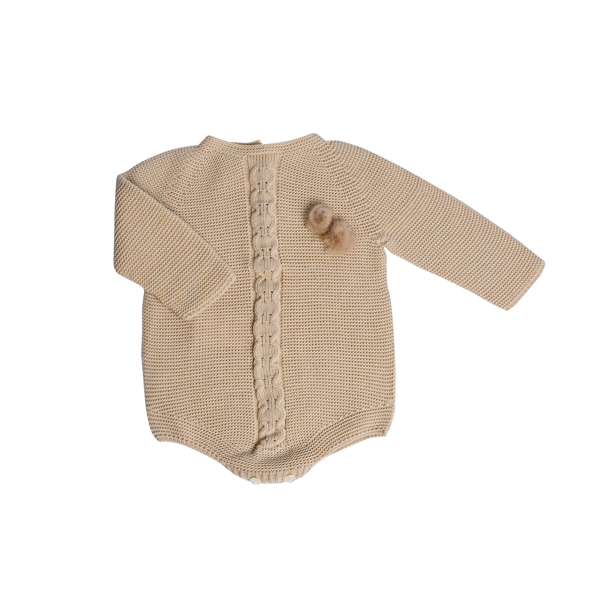 Camel Cable Knit Baby Romper with Twin Pom-Poms