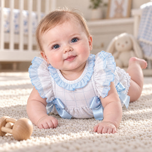 Blue Check Pattern Frilly Shoulder Romper