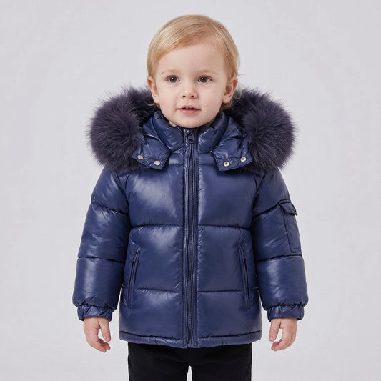 Baby Navy Puffer Coat with Faux Fur Hood