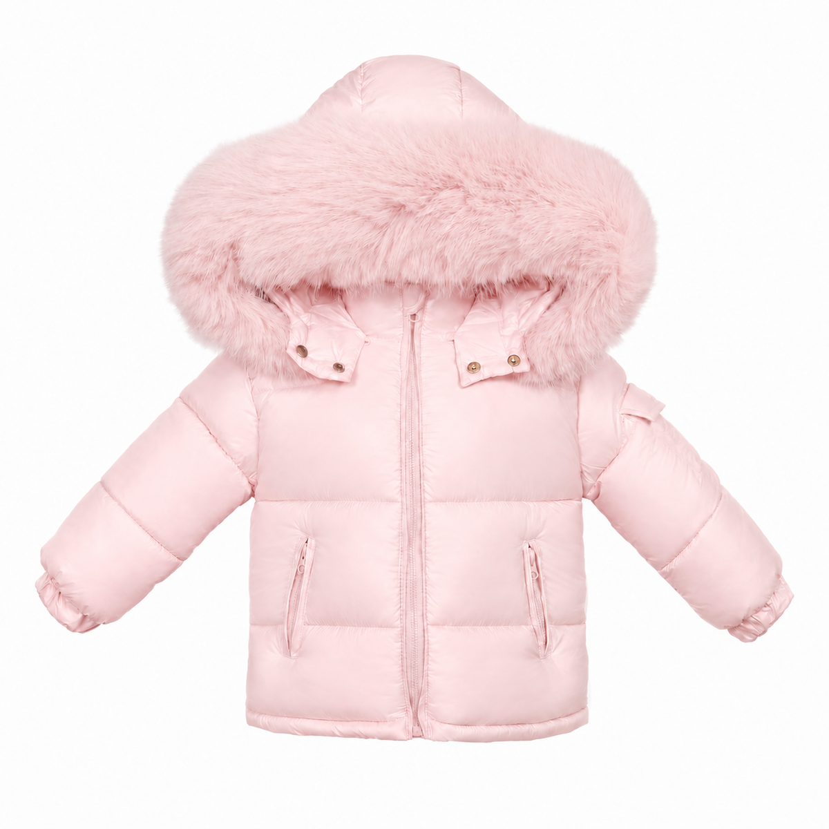 Baby Girls Pink Puffer Coat With Faux Fur Hood