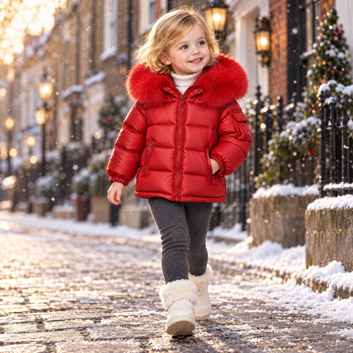 Baby Red Puffer Coat With Faux Fur Hood