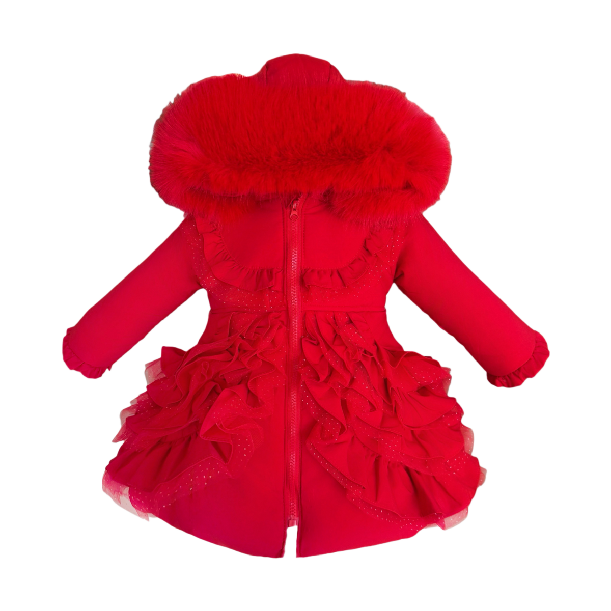 Girls Red Ruffle Hooded Coat