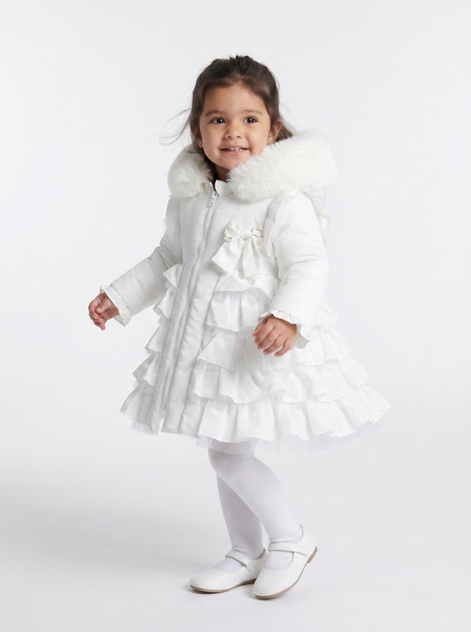 Baby Girls White Puff Coat with Faux Fur Hood