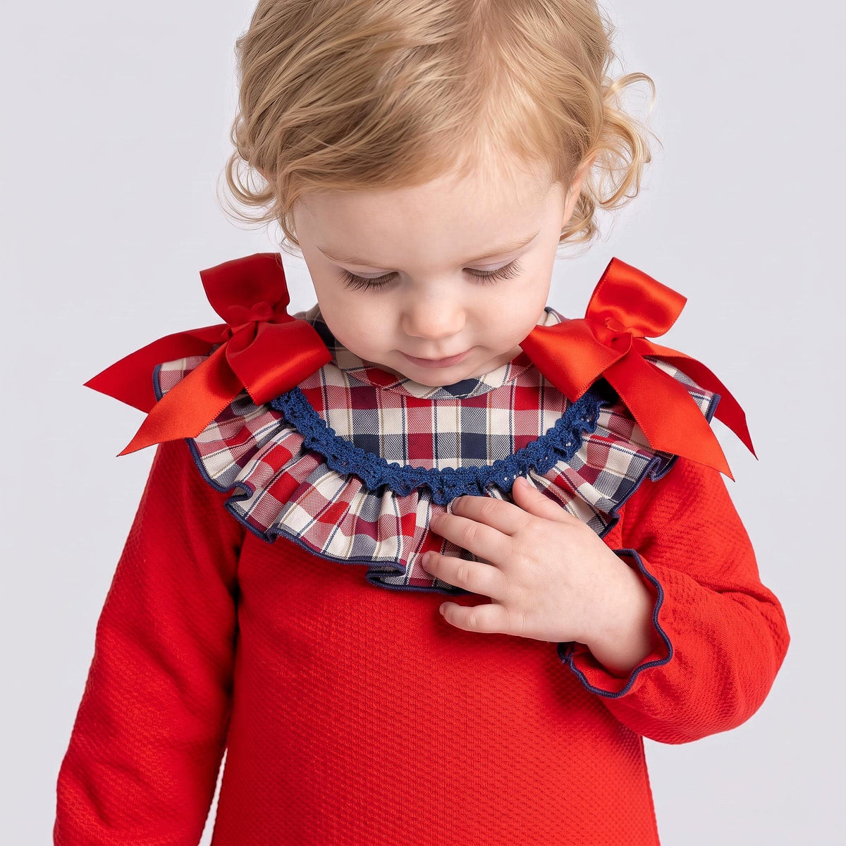Baby Girls Red Waffle Dress Checked Collar Shoulder Bow