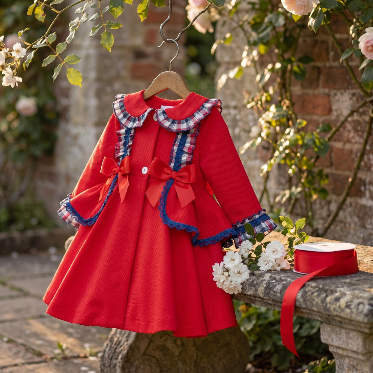 Baby Girls Red & Navy Checked Waffle Frill Jacket
