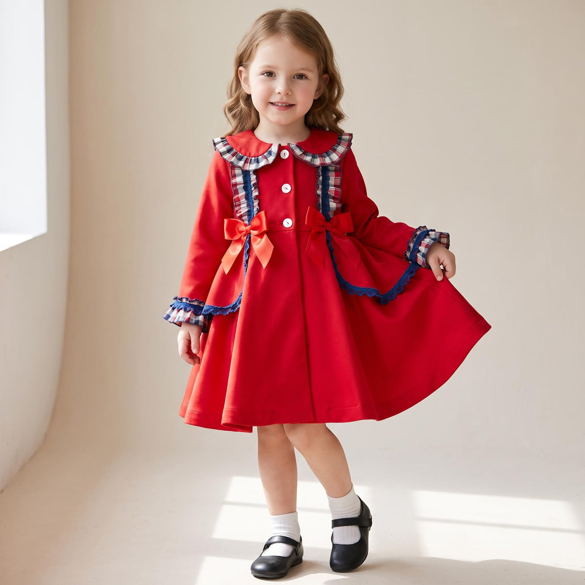 Baby Girls Red & Navy Checked Waffle Frill Jacket