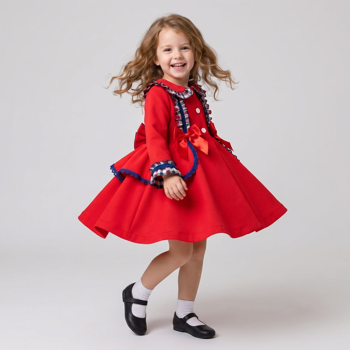 Baby Girls Red & Navy Checked Waffle Frill Jacket