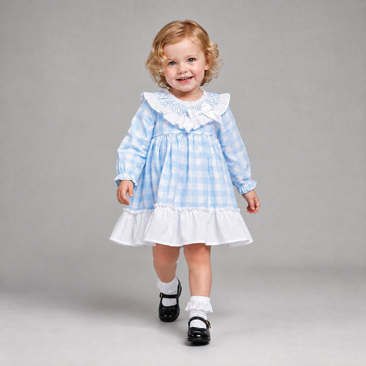 Baby Girls Blue Checked Smock Collar Dress With Pants