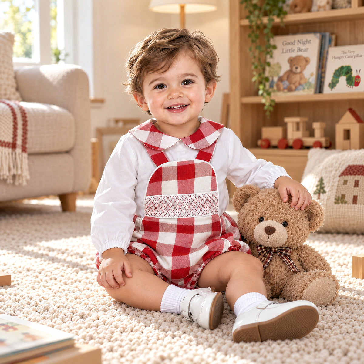 Baby Boys Red Check Smocked Romper Set with Shirt