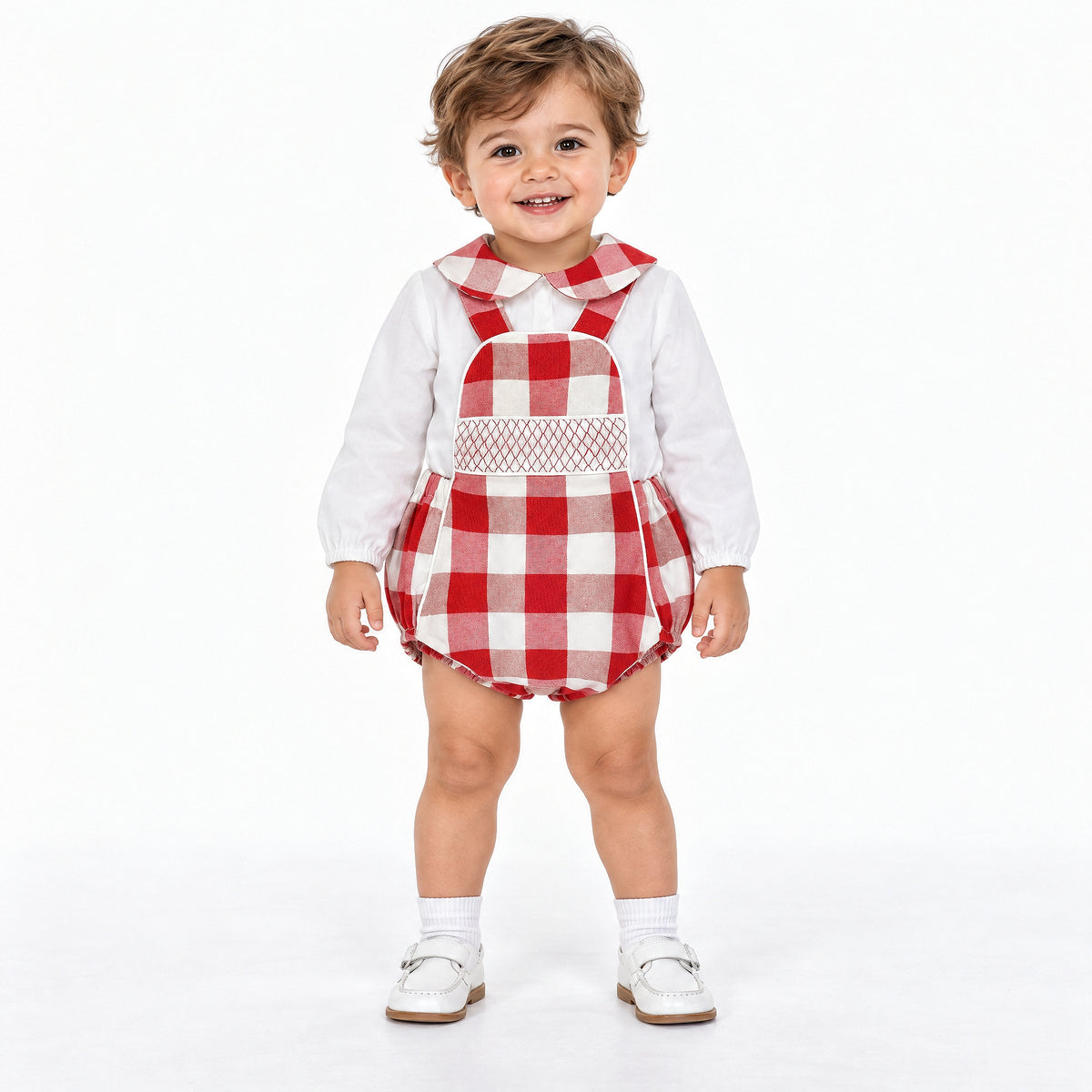 Baby Boys Red Check Smocked Romper Set with Shirt