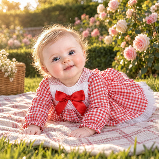 Baby Girls Red Gingham Smocked Puff Dress With Pants