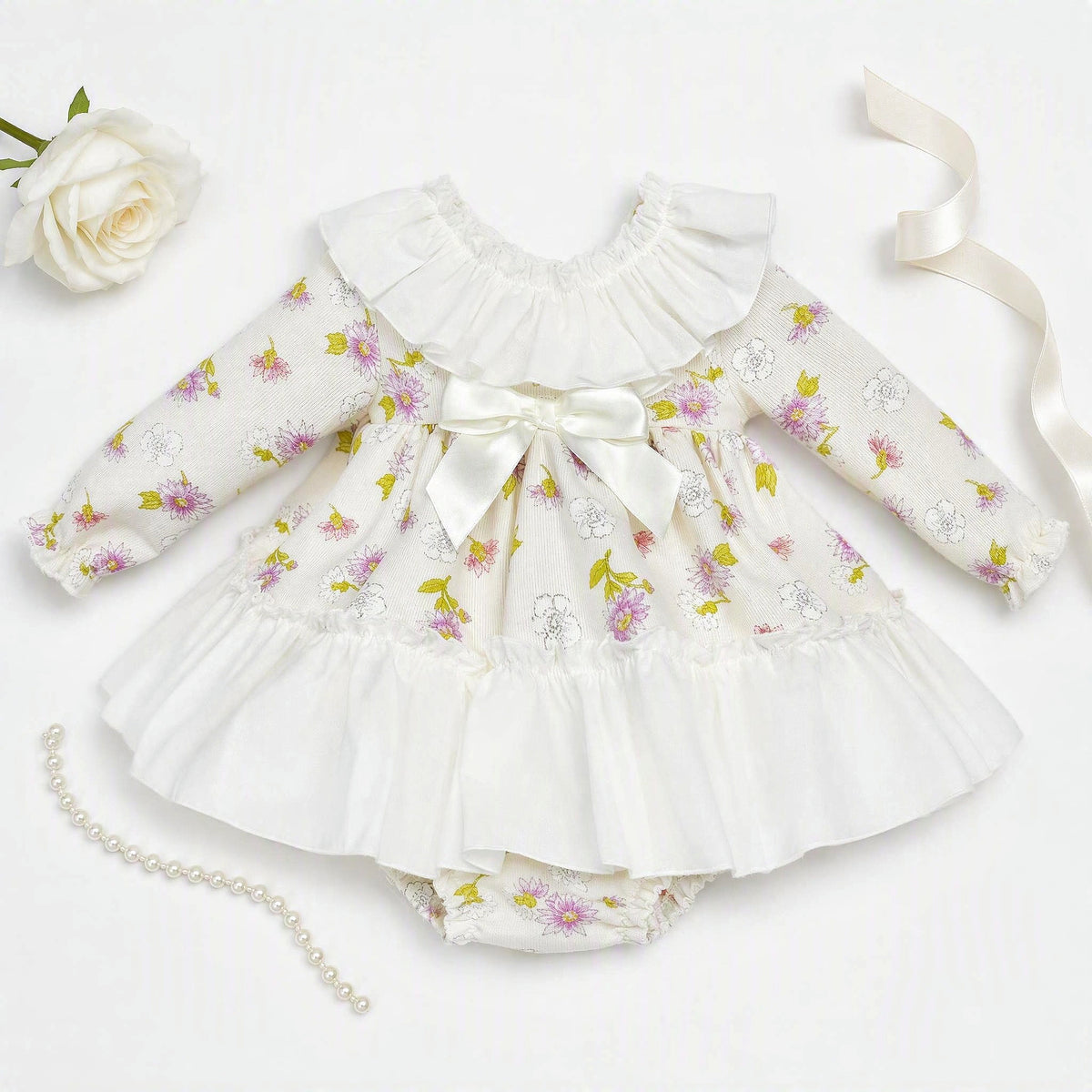 Baby Girls Cream Floral Collar Dress & Pants Set
